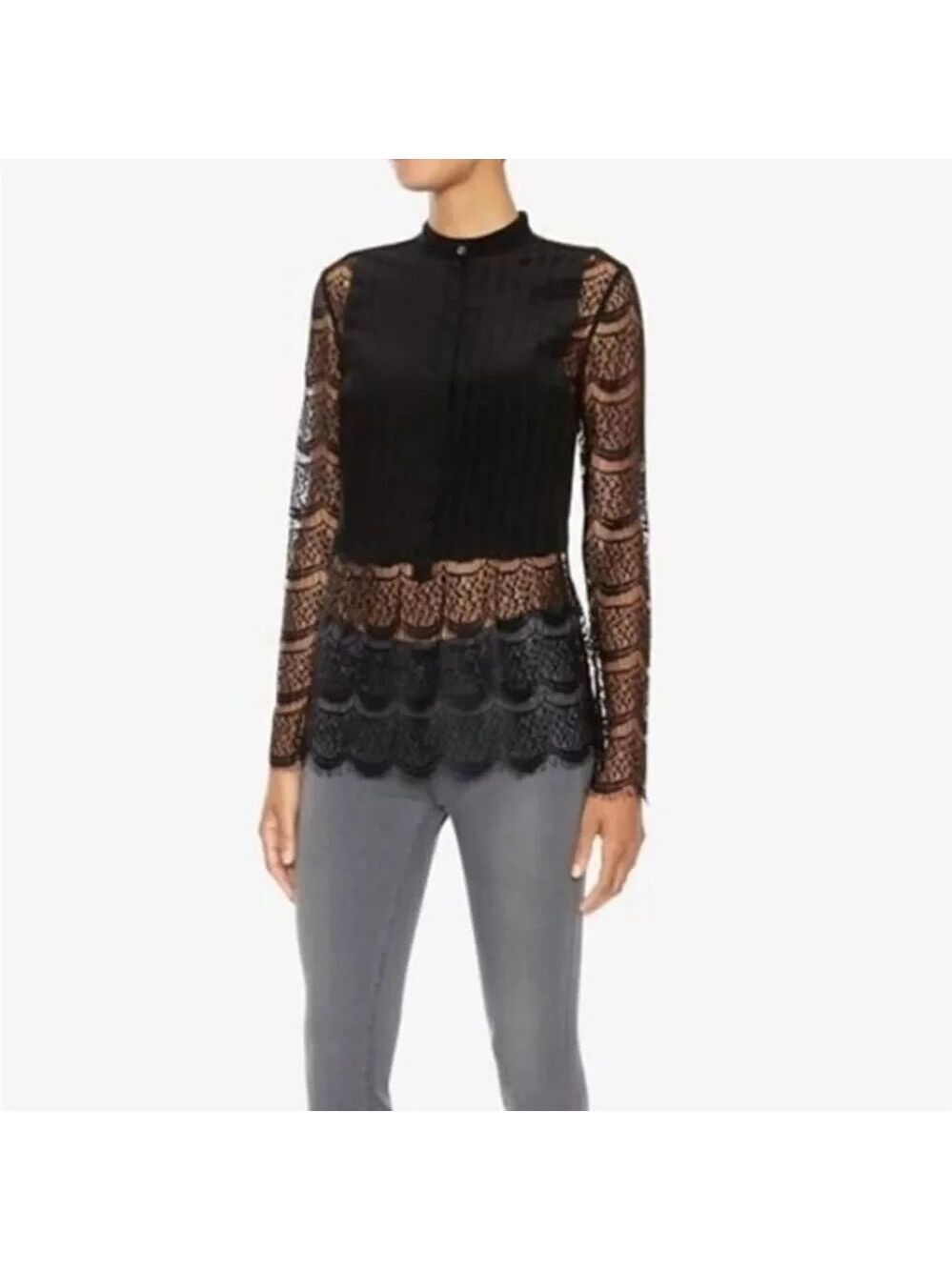 Marissa Webb Tuxedo Silky Lace Blouse